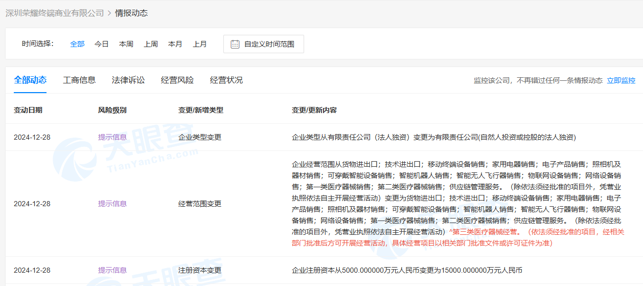 荣耀在全国多地投资成立终端商业公司